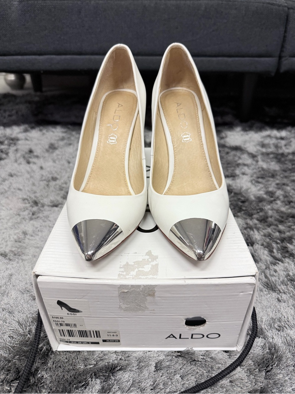 ALDO White Pointed Toe Pumps with Silver Cap